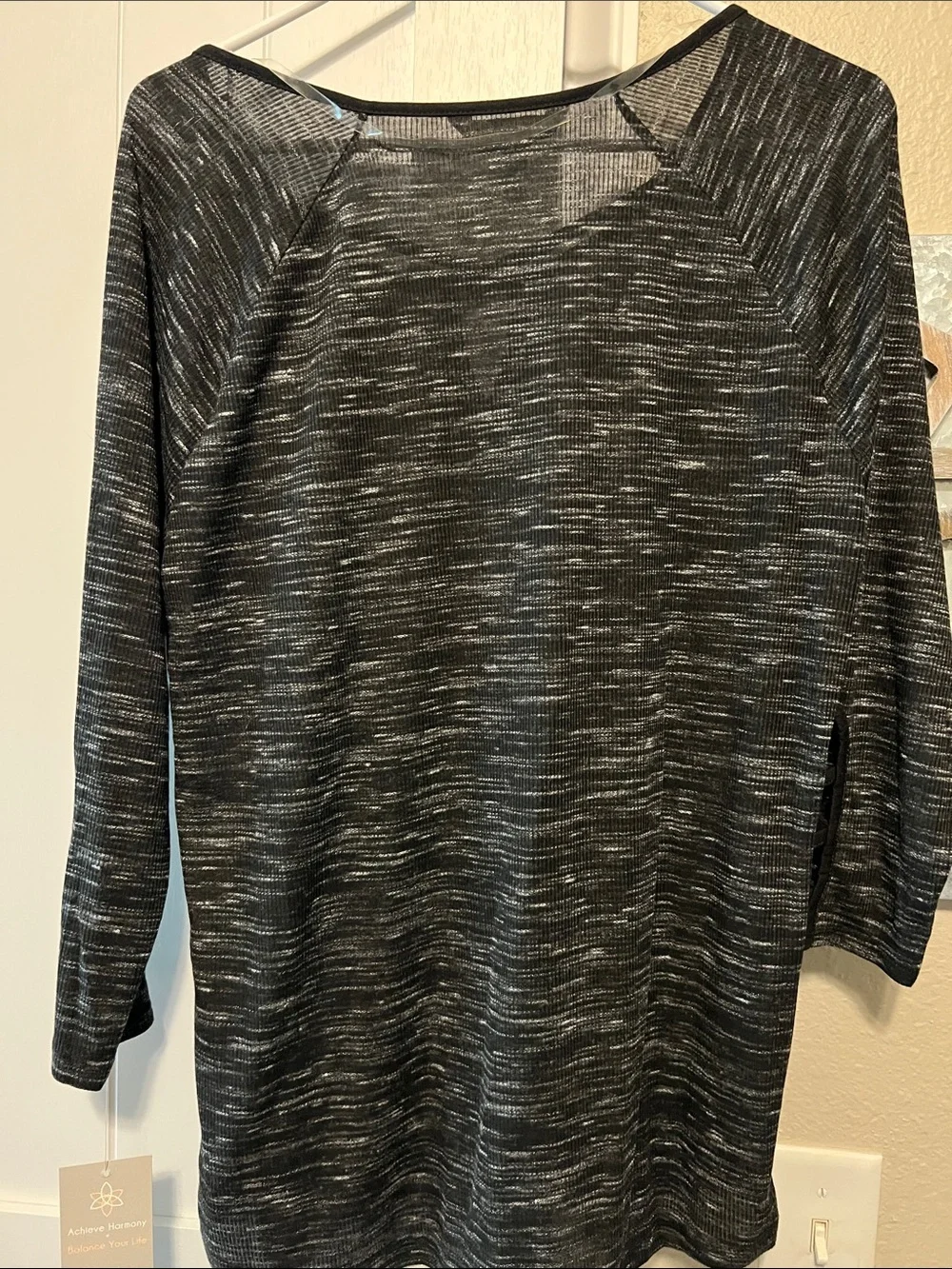 NWT Cozy Black Space-Dye Knit Top with Lattice Sleeve Detail